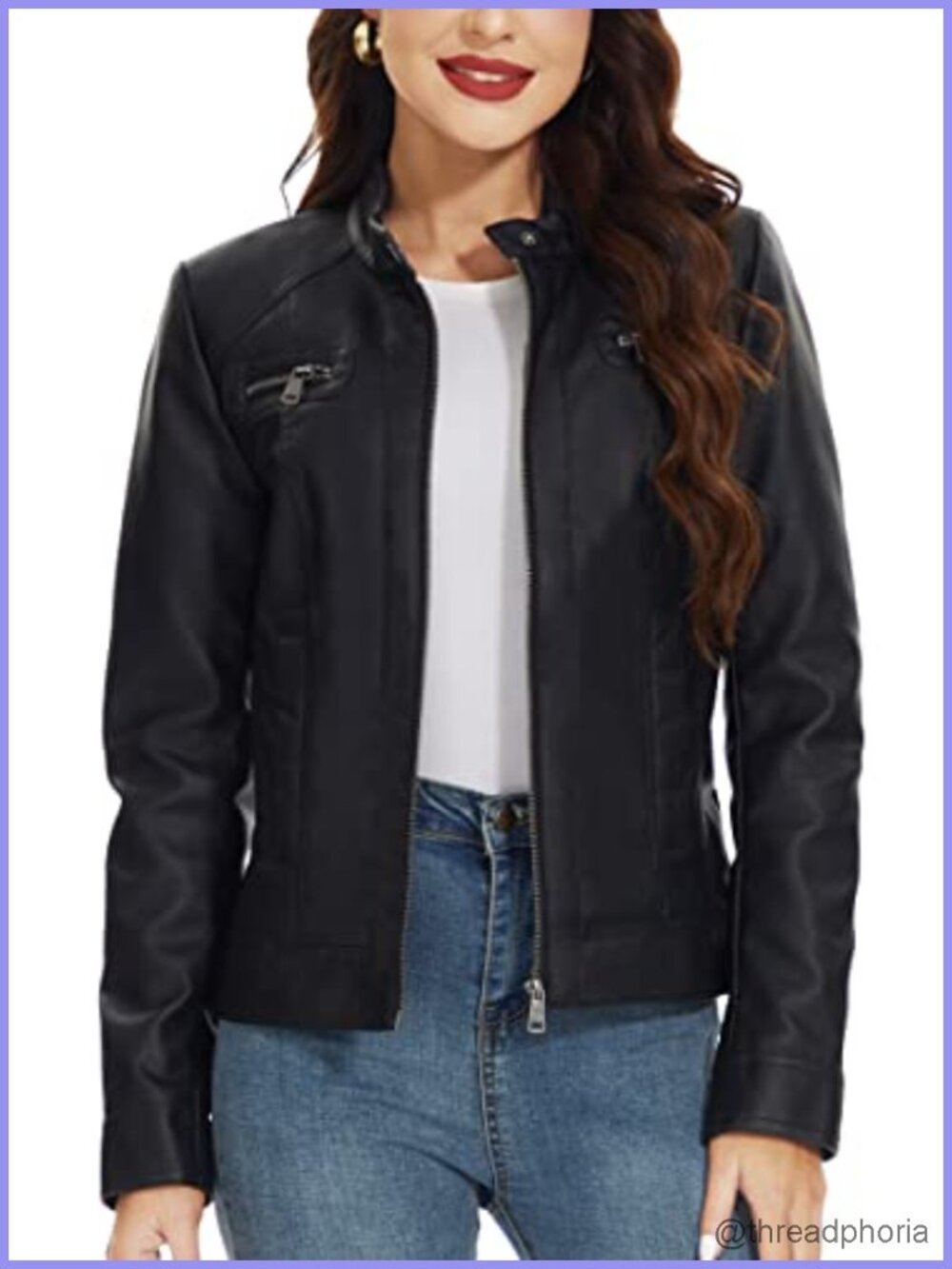 Faux Leather Moto Biker Jacket Zip Up Slim Fit Stand Collar Women's Outwear